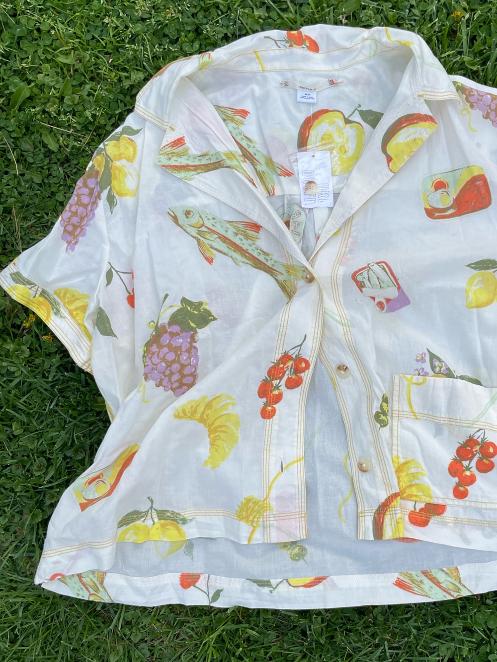 Kimchi Blue White Crop Button-Up Shirt with Colorful Fruit & Veggie Print - Picture 2 of 9